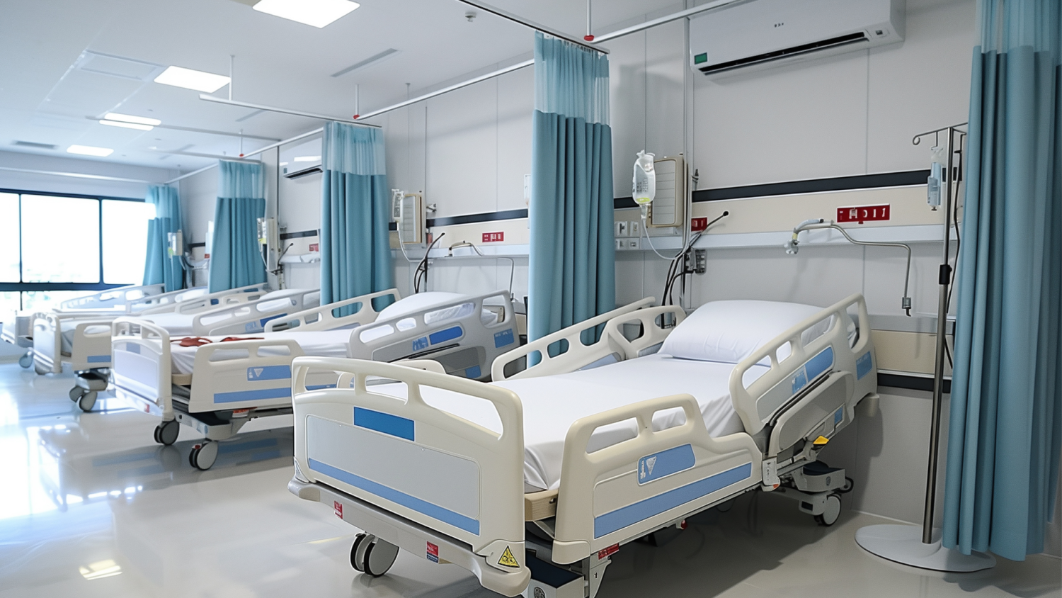 A shared room at a hospital, showing four hospital beds