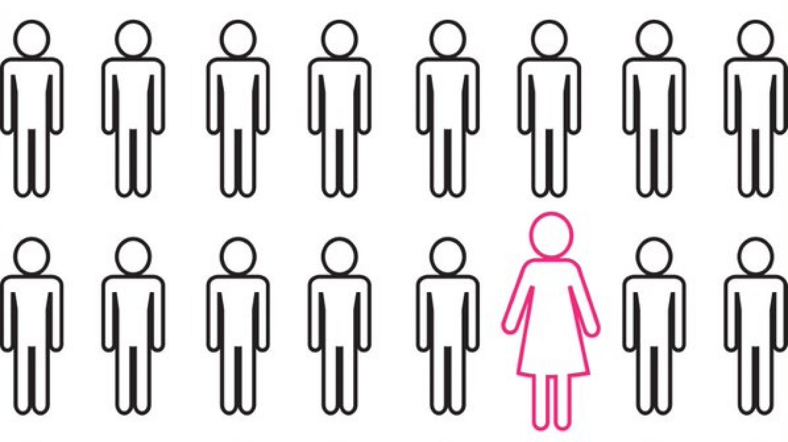 Image of one woman among a group of men