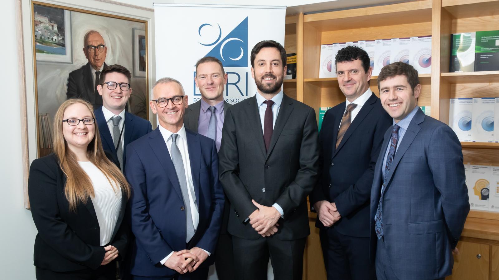 Rachel Slaymaker and Matthew Allen-Coghlan (ESRI), Alan Barrett (ESRI Director), Eoin Corrigan (Department of Housing, Planning and Local Government), Eoghan Murphy (TD), Kieran McQuinn and Conor O’Toole (ESRI)