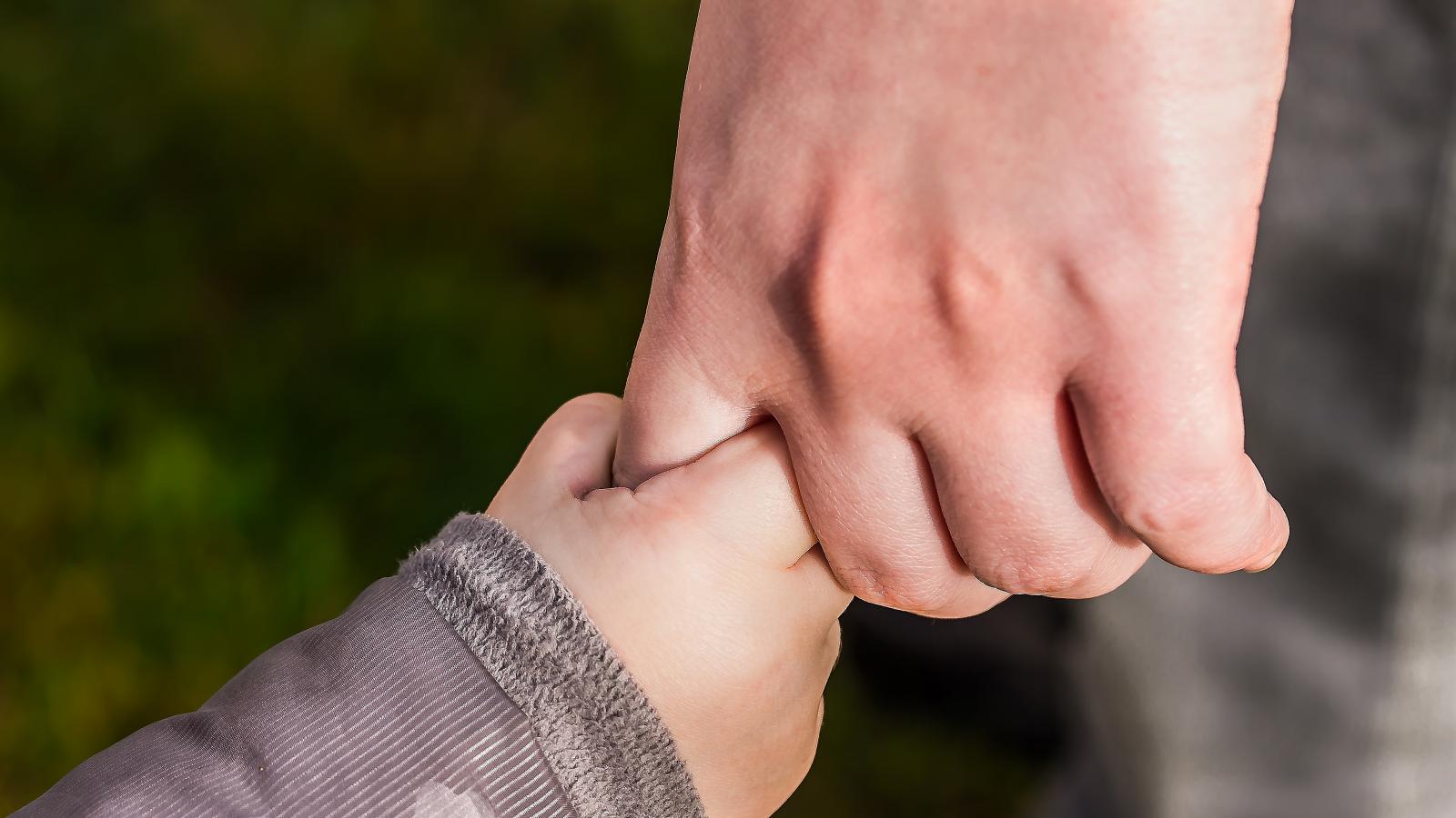 An adult hand holds the hand of a child