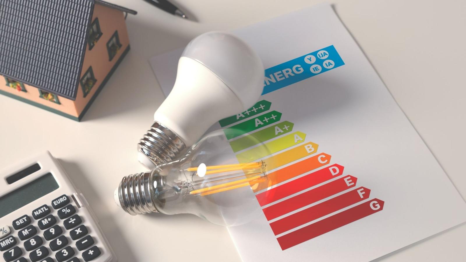A calculator, two lightbulbs, a model house and a BER energy efficiency scale on a table